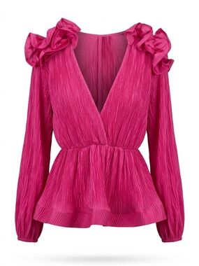 Ruffle Shoulder Deep V Peplum Top - Fuchsia Pink